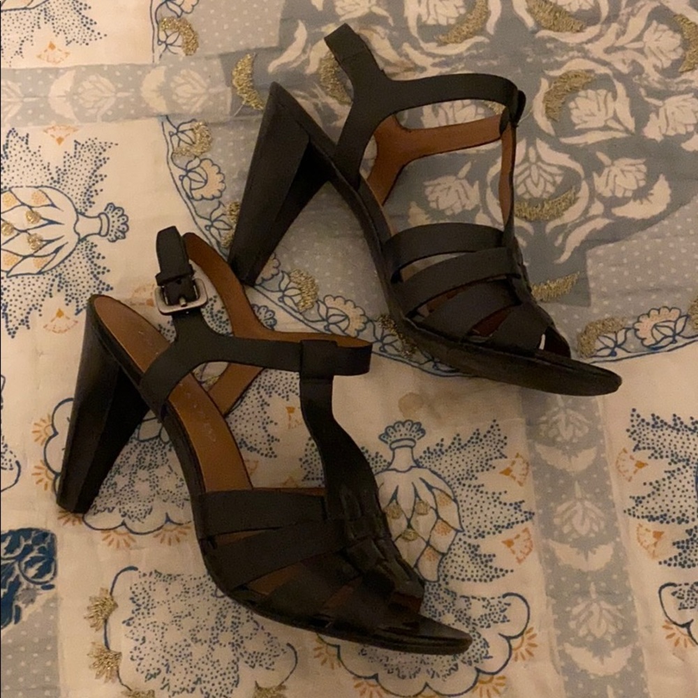 FrancoSarto: black leather sandals 3” wood heel